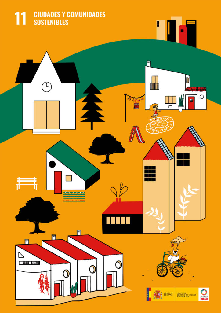 Diseño de Inma P.nitas para el ODS 11 (Ciudades y comunidades sostenibles). Se ve una población con casas pequeñas y mucho espacio entre ellas, con una niña jugando en la calle y una mujer en bicicleta.