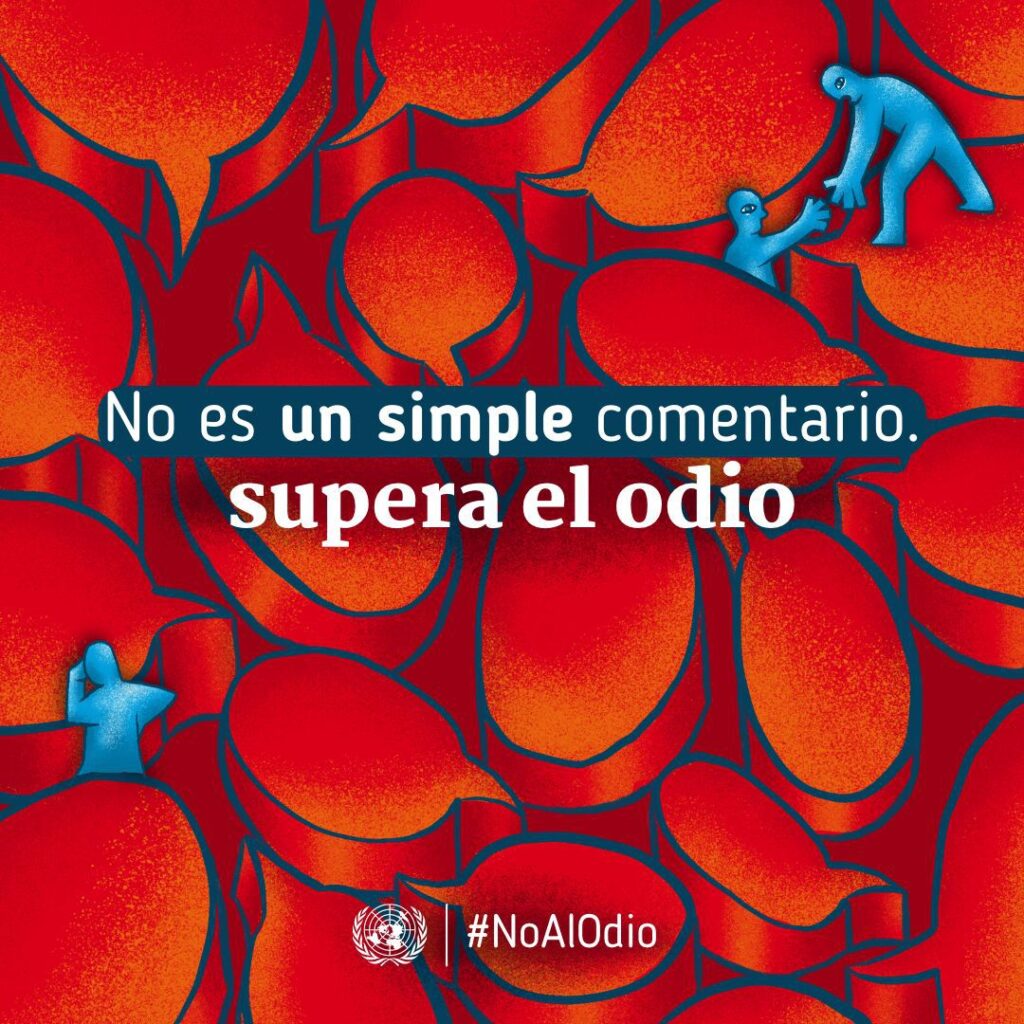 Dos personajes de color azul parecen perdidos en un paisaje de comentarios rojos. Un tercer personaje, desde encima de los comentarios, intenta ayudar a uno de los primeros.