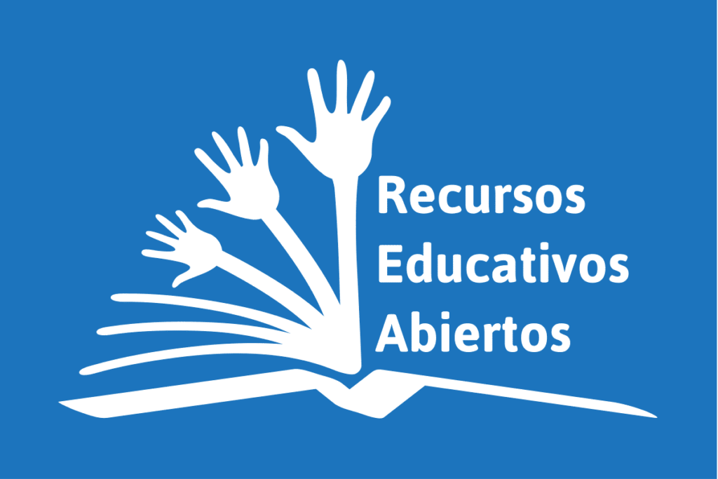 Logo de los REA, Recursos Educativos Abiertos. Es un libro abierto algunas de cuyas páginas son manos.