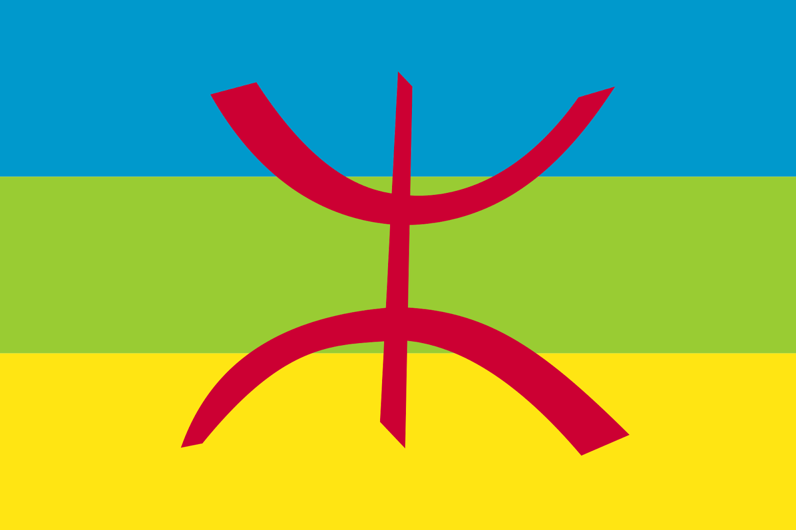 Bandera amazigh: azul, verde y amarilla, con un símbolo del alfabeto amazigh en rojo.