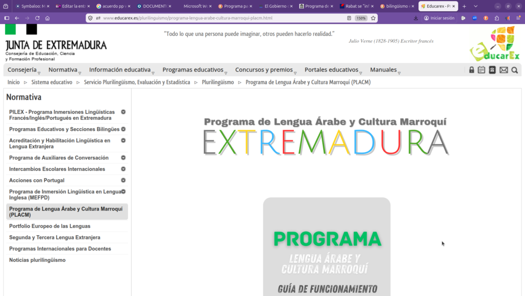 Pantallazo de la web de la Consejería de Educación de Extremadura en la que se habla del Programa de Lengua Árabe y Cultura Marroquí.