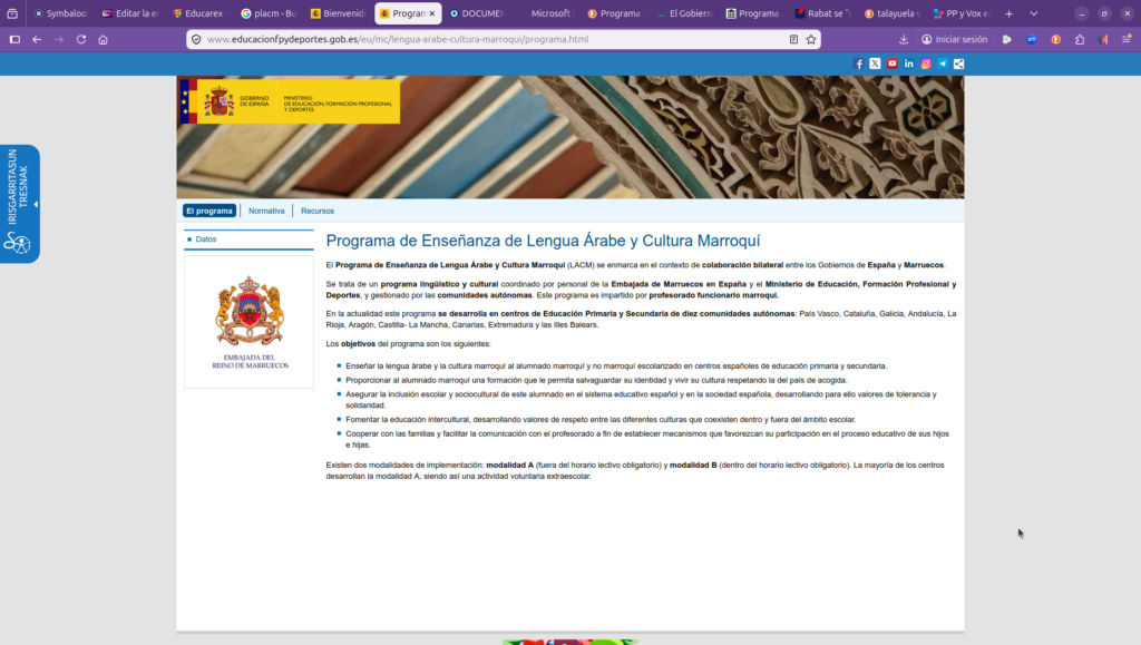 Pantallazo de la web del Ministerio de Educación en el que se exponen los objetivos del Programa de Enseñanza de Lengua Árabe y Cultura Marroquí.