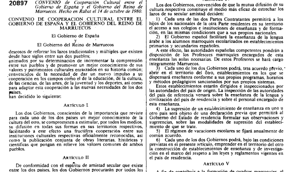 Pantallazo de un BOE de 1980 en el que se establecen las lineas generales en las que se basa la puesta a disposición, para el alumnado de origen marroquí, de aulas en España para el estudio de la lengua árabe.