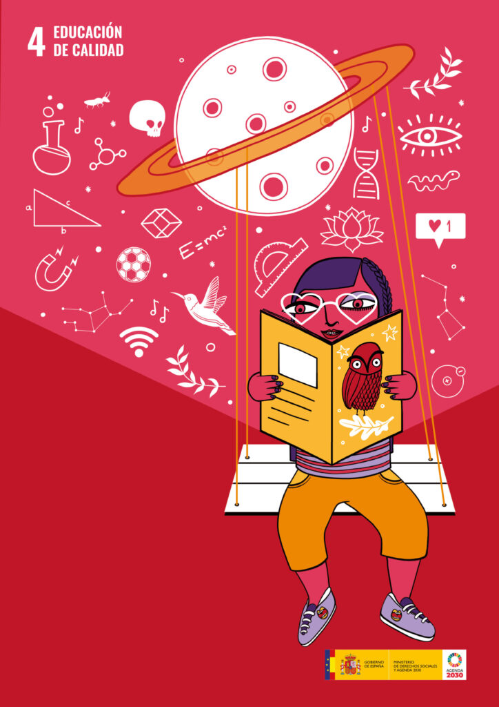 Diseño de Inma P.Nitas para el ODS 4, dedicado a la educación. Se ve a una niña leyendo un libro del que salen un montón de cosas.