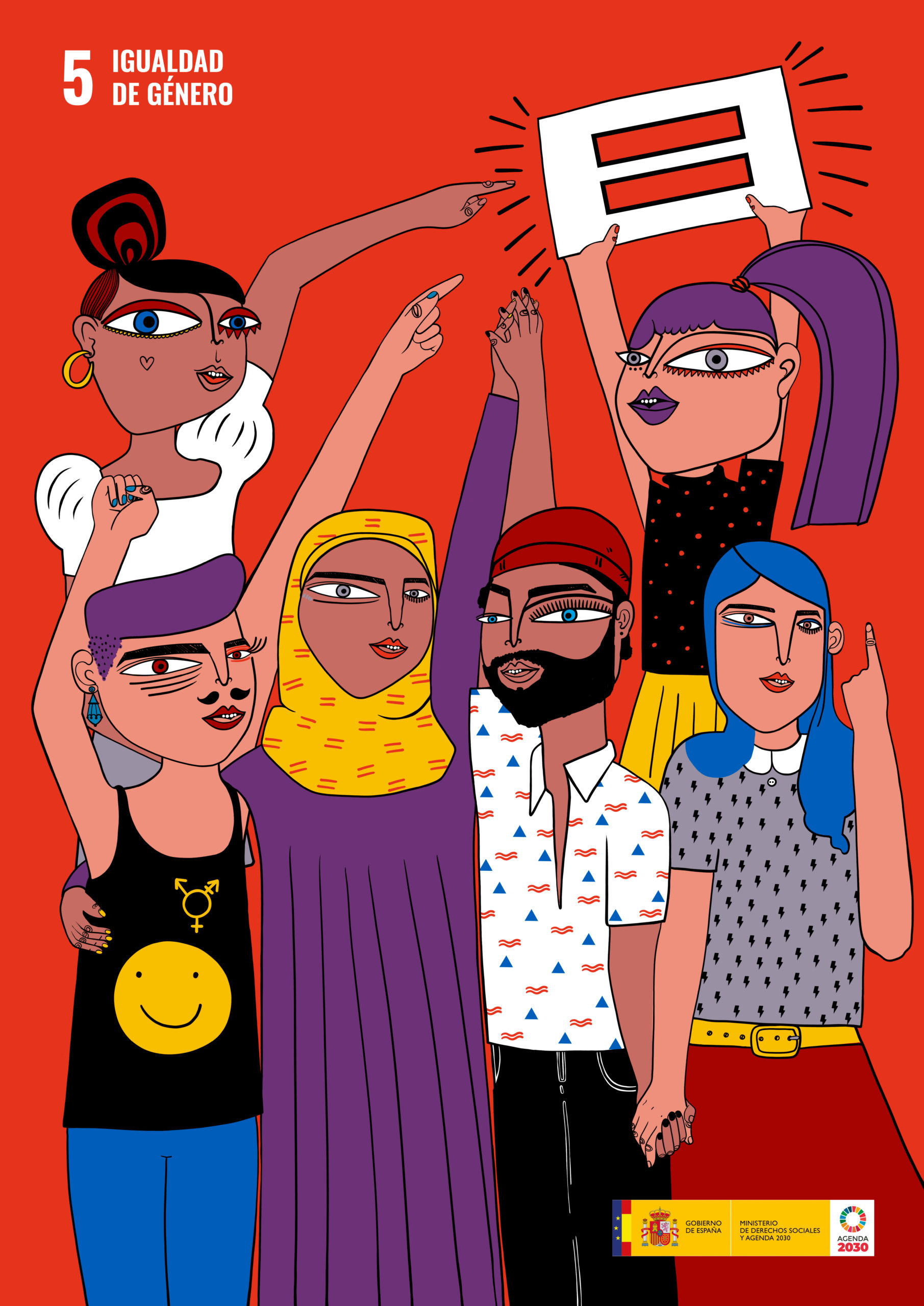 Diseño de Inma P.Nitas para el ODS 5: Igualdad de género. Varios personajes de distintos géneros y razas abrazándose.