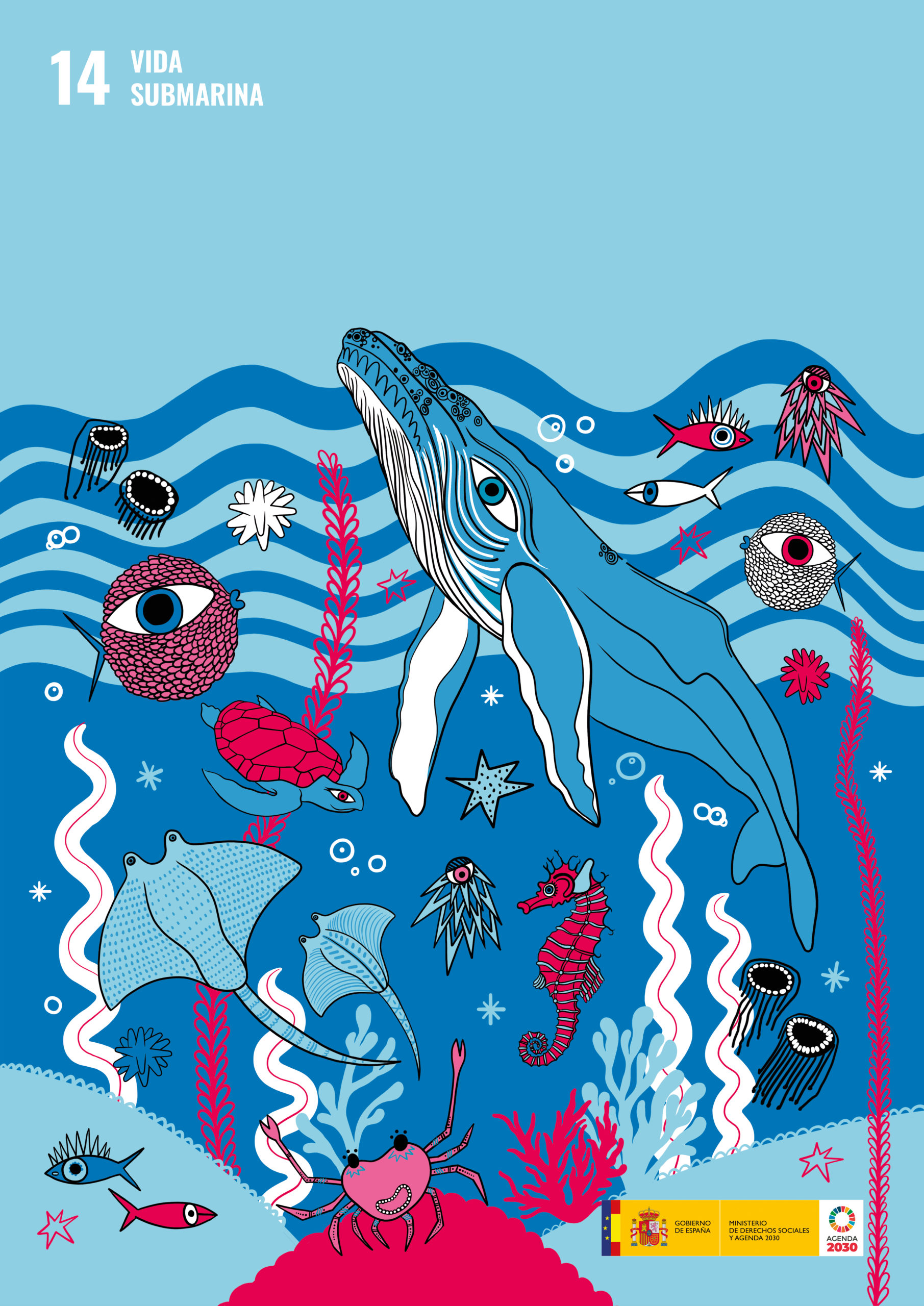 Cartel sobre el ODS 14: Vida Submarina. Aparecen varios animales marinos.
