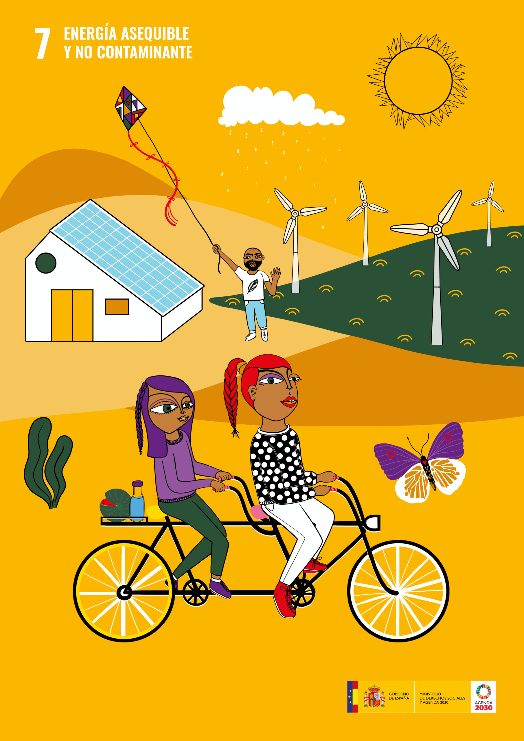 Diseño de Inma P.Nitas para el ODS 7: Energía asequible y no contaminante. Destacan dos mujeres en una bicleta.