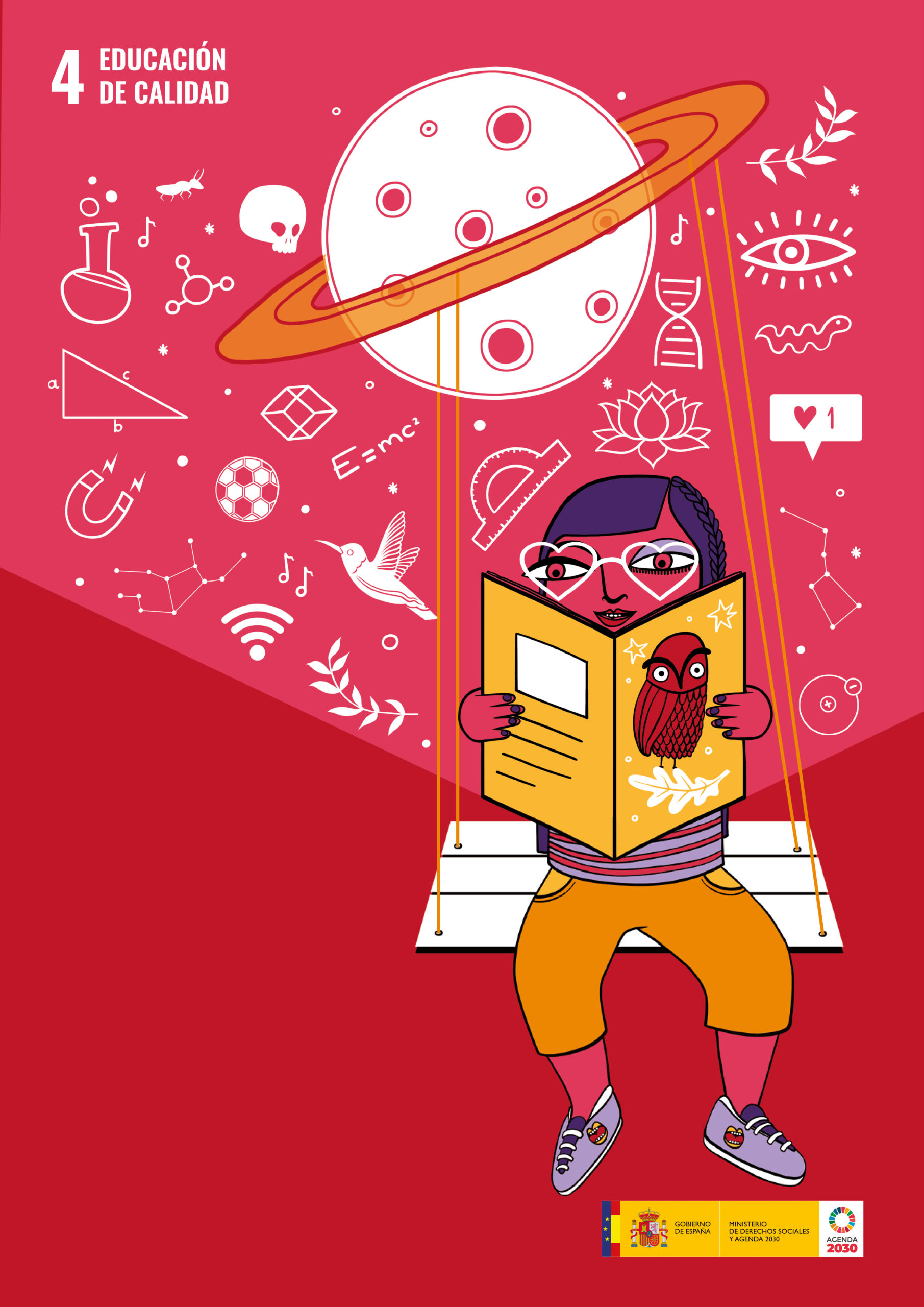 Diseño de Inma P.Nitas para el ODS 4: Educación de calidad. Se ve a una niña leyendo un libro.