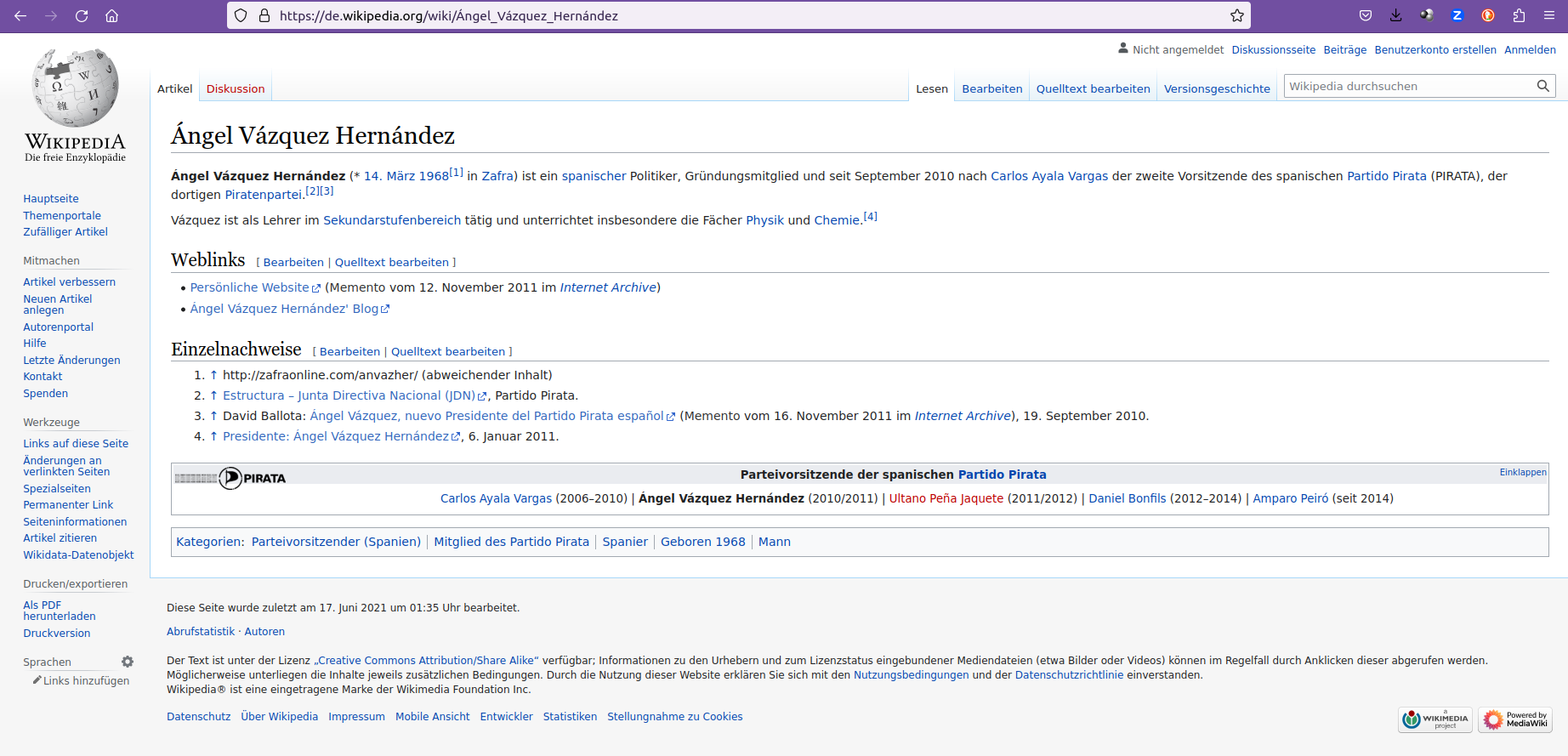 Página de la Wikipedia alemana en la que se me menciona. 