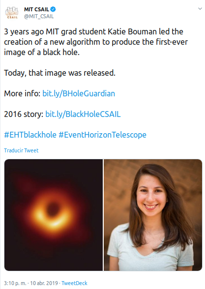 Pantallazo del tuit del MIT en el que se cita a Katie Bouman como líder del proyecto 
