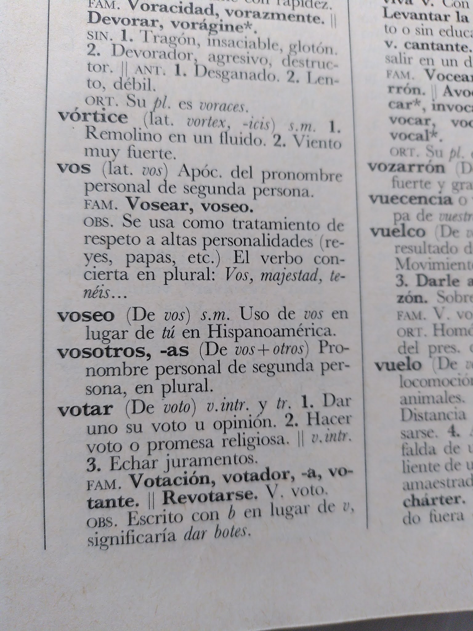 Página de un diccionario en la que aparece la palabra vosotros