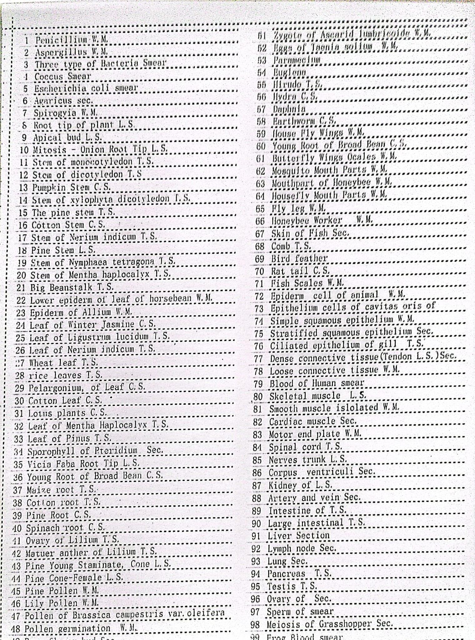Listado de muestras de la colección de la fotografía anterior.